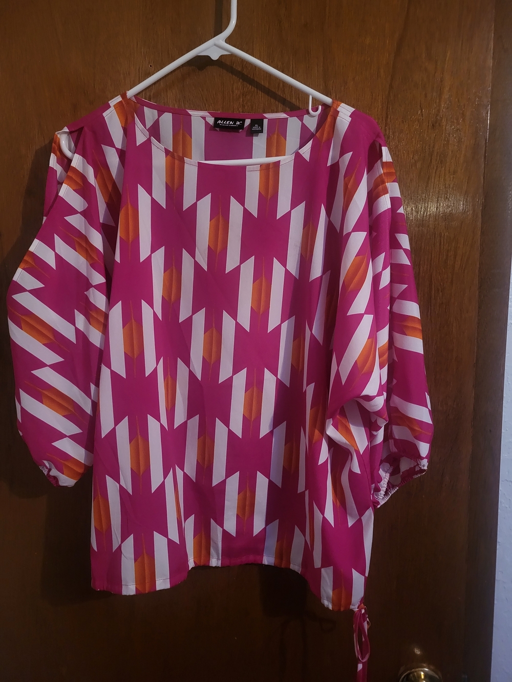 Allen B. By Allen Schwartz Pink Geometric Blouse with Orange and White Accents